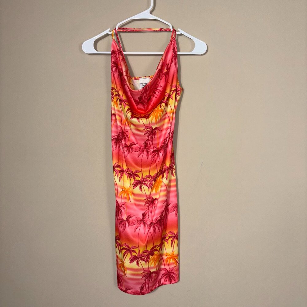 Vintage Pink & Yellow Palm Print Summer Dress